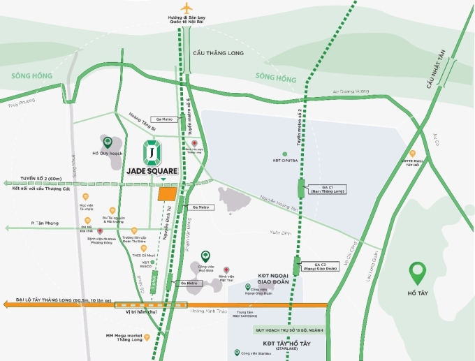 1-1754290580-5999-1754356085 Bản đồ tuyến đại lộ Tây Thăng Long với điểm khởi đầu tại Tây Hồ Tây. Ảnh: JS
